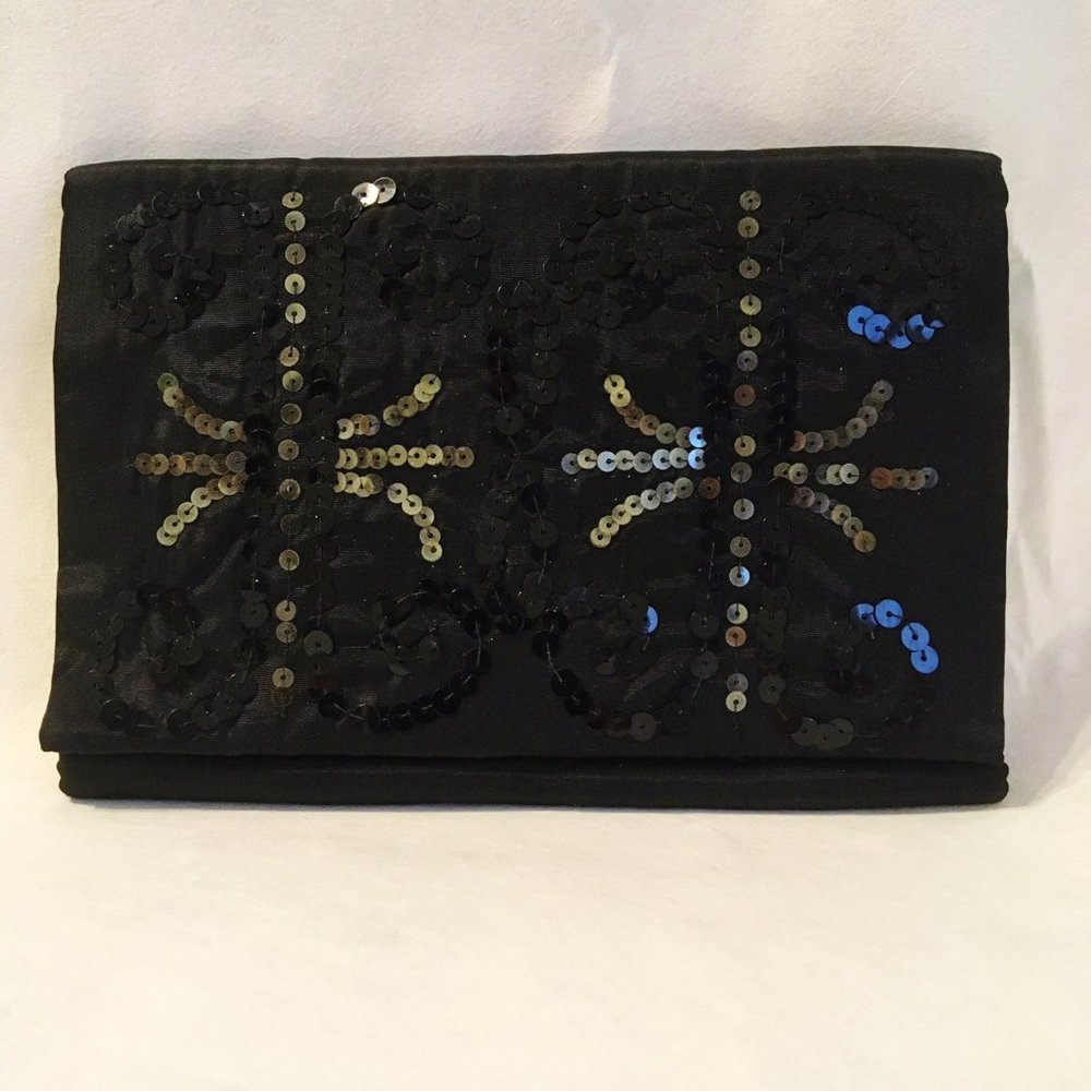 Magid Black Sequin Evening Bag Satin Fabric Thin Envelope Purse Clutch Handbag